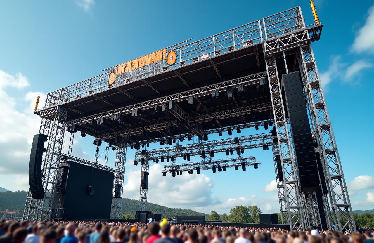 Festival al aire libre con estructura de truss y escenario principal